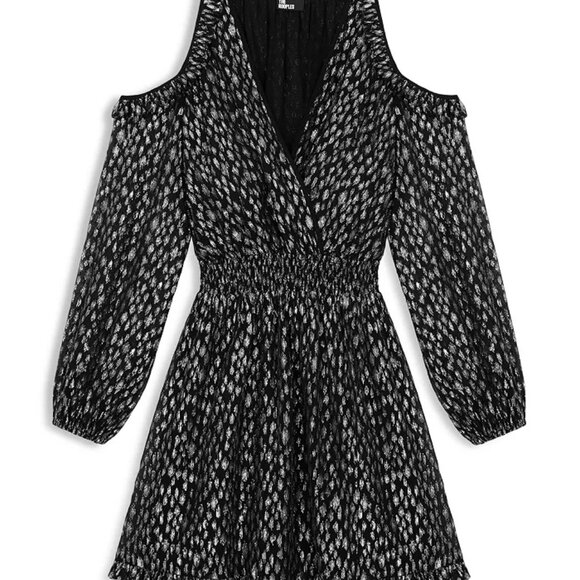 NWT | The Kooples | Cold Shoulder Mini Dress | Black wih Metallic Leopard Print - Picture 6 of 13